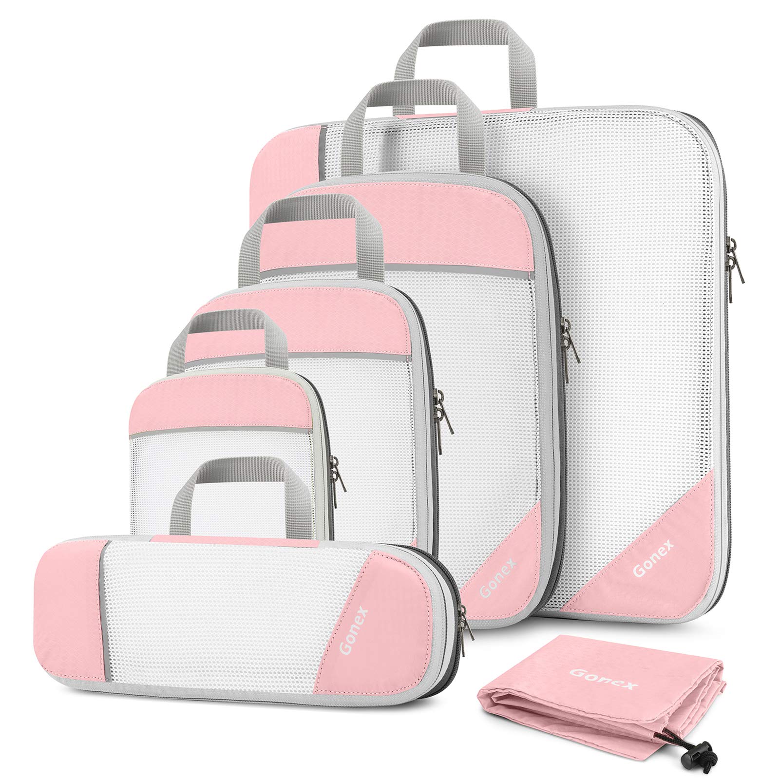 Gonex Compression Packing Cubes, 6 PCS Travel Luggage Packing Organizers with Mesh Extensible Suitcase Organiser for Travel, Pink
