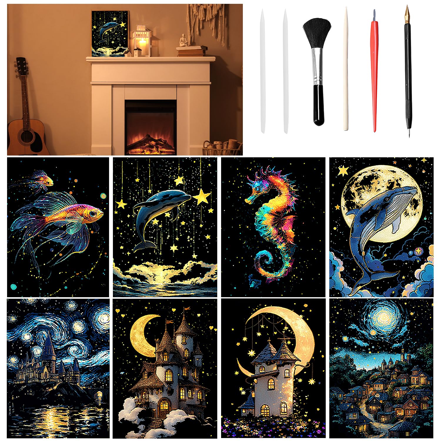 VLYX Scratch Art for Adults and Kids - 8-Piece Luminous Rainbow Scratch Notes Kit with Scratching Tools, Creative Art Supplies Children & Adults（Ocean & Night Sky）
