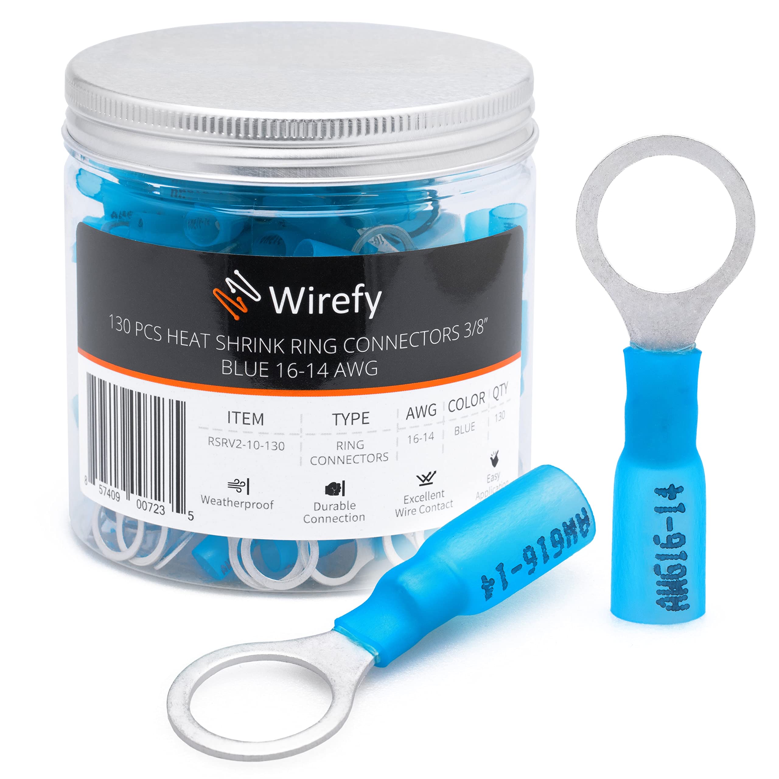 Wirefy Heat Shrink Ring Terminals 3/8" - Marine Grade Terminal Connectors - Waterproof Eyelet Wire Connectors - Red 16-14 AWG - 130 PCS