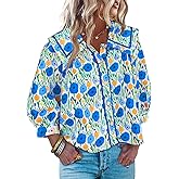 Cicy Bell Womens Floral Button Down Shirts Trendy Casual 3/4 Lantern Sleeve Blouse Square Neck Collared Tops