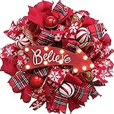 TEMPUS 18 Inch Christmas Wreath for Front Door Red and Green Grid with Arrowhead Planks and Bells for Christmas Door Decorations, Artificial Door Wreath Hanging Ornaments