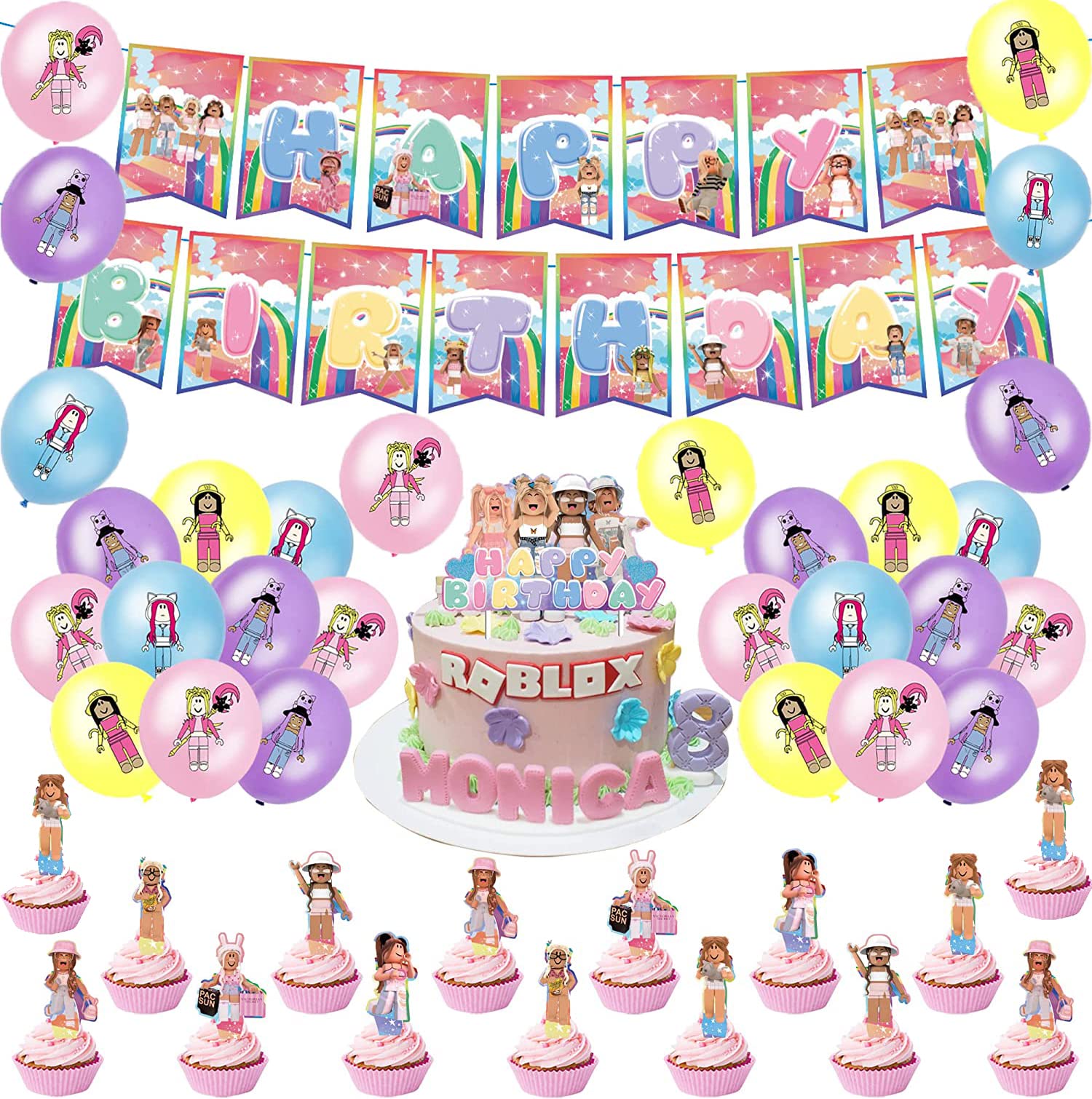 RZDQZY Roblox Character Birthday Party Decorations - Pink Cartoon Balloons, Cake Toppers & Banner (1pcs Banner, 13pcs Toppers, 20pcs Balloons)