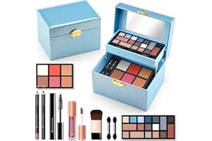 Color Nymph Beginner Makeup Kit For Teens, Girls Makeup kits With Recyclable And Key-Lockable Cabinet Included 17-Colors Eyeshadows Blushes Bronzer Highlighter Lipstick Brushes Mirror(Blue)