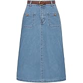 Belle Poque Denim Skirt with Belt Below Knee Length High Waisted Jean Skirts for Women
