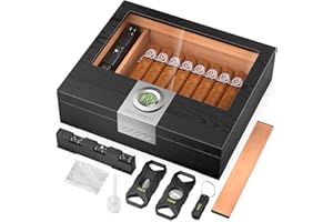 TISFA Cigar Humidor Box Cigar Accessories Set, Includes V Cutter, Straight Cutter, Hole Punch, Digital Hygrometer, Adjustable Humidifier, Divider, Cedar Wood Desktop Humidor Airtight Cigar Case