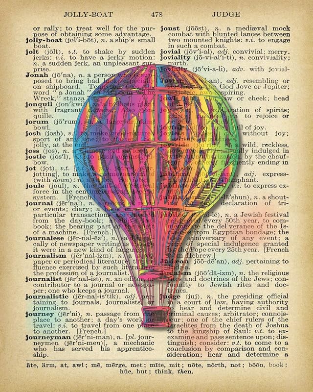 Vibrant Colorful Balloon Dictionary  - Wall Art Prints - Gift for Steampunk Fans and Hot Air Balloon Enthusiasts - Decor Vintage Print Dictionary Wall Art Pictures Paintings UnFramed…