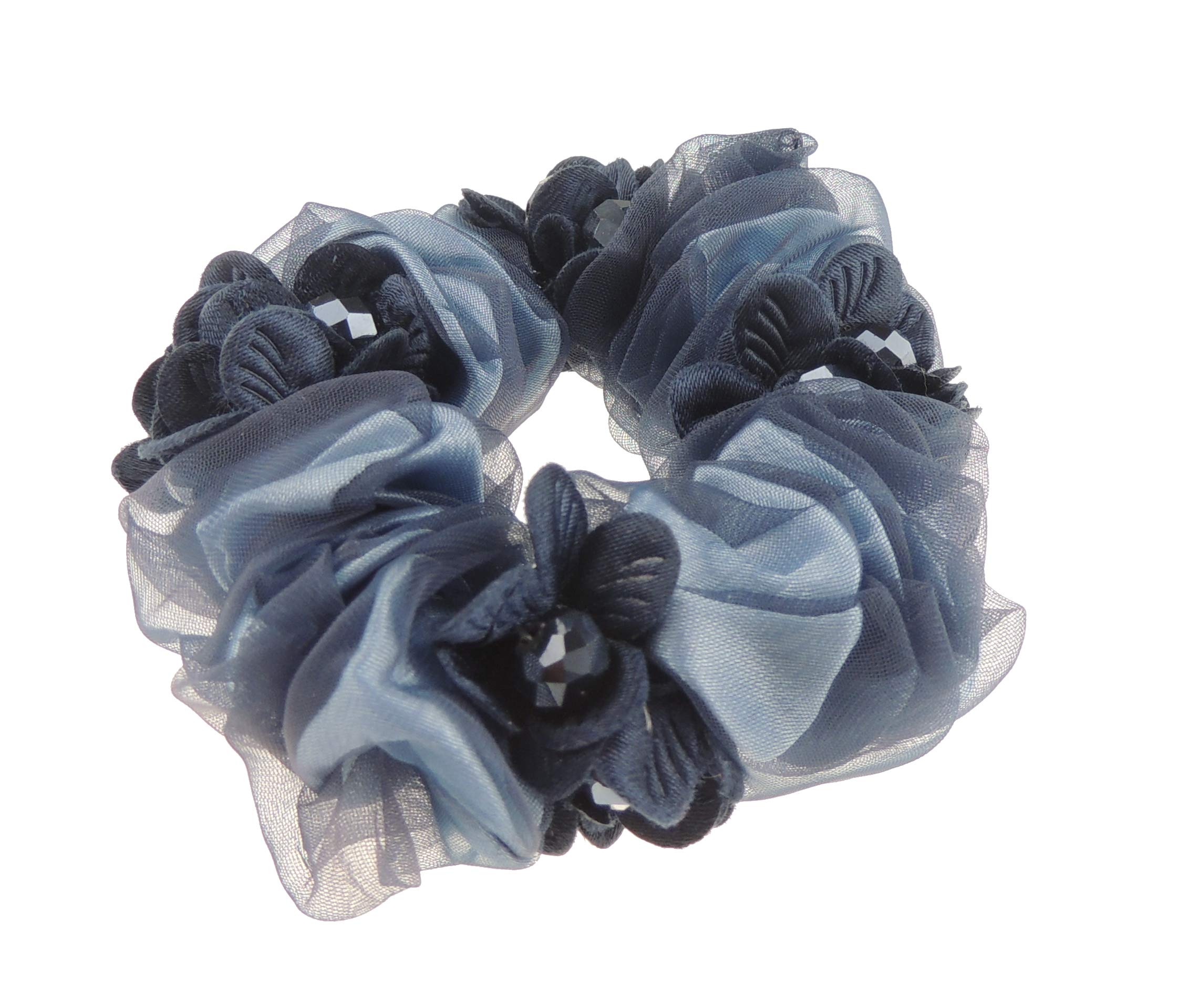 Womens Girls Chiffon Beaded Floral Fabric Scrunchie Christmas Birthday Bridal Wedding Party Ponio Hair Tie Up Back Elastic Accessories Bobbles Ponytail Holder Rubber Bands (Cluster Dark Blue)