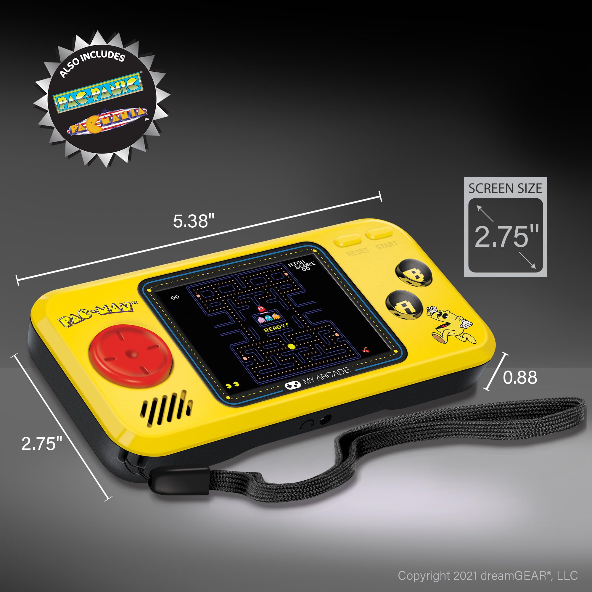My Arcade Pocket Player Handheld Game Console Pac-Man, Pac-Panic, Pac-Mania, Collectible, Full Color Display, Speaker, Volume Controls, Headphone Jack, Battery or Micro USB Powered - Electronic Games