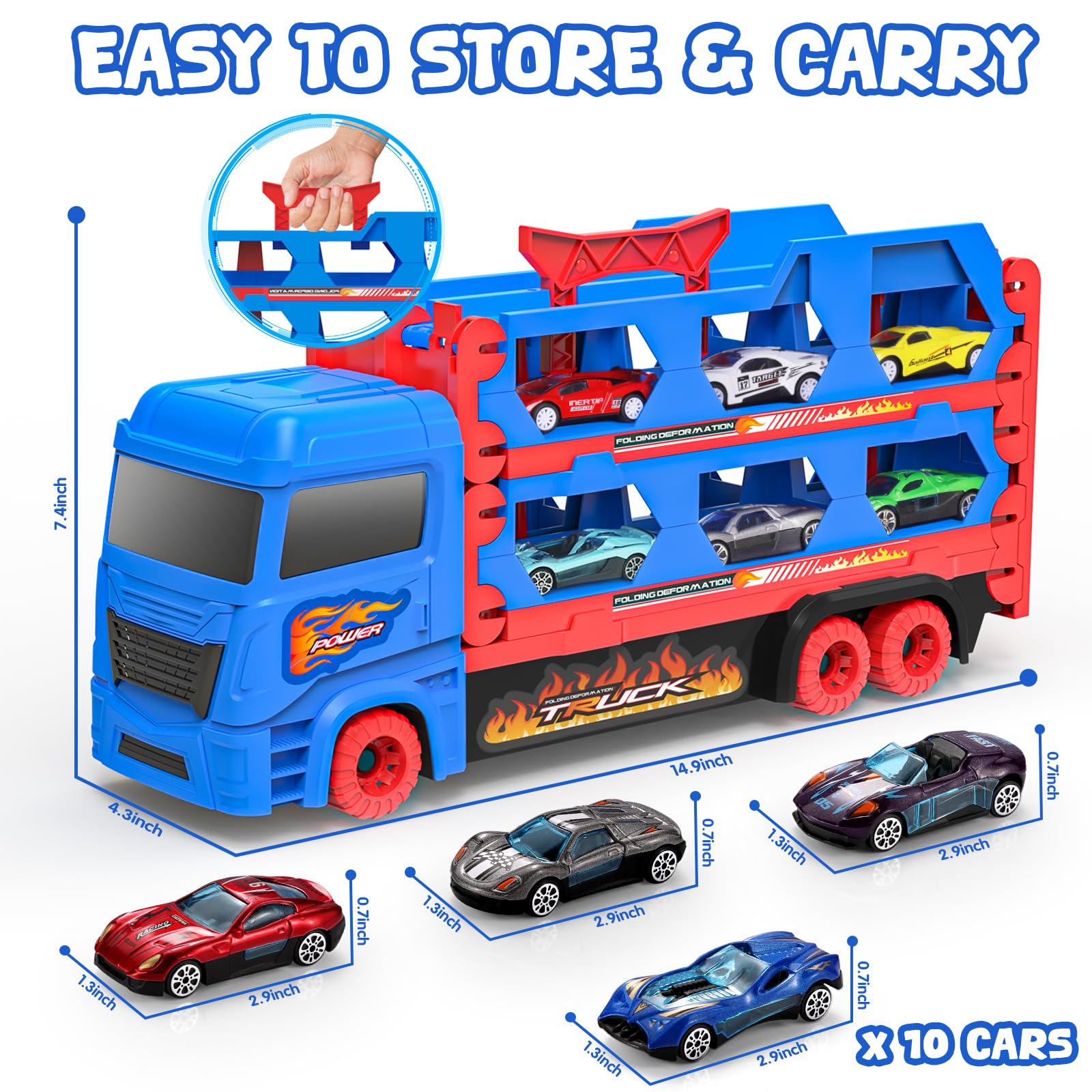 maysida Transport Truck Spielzeugautos für Jungen 3, 4, 5, 6 Jahren, 165cm&Faltbare Rennbahn Truck mit 10 Autos Spielzeug-4 Rückziehautos&6 Rennautos, Transporter Spielzeug-Kinder Geschenke für jungen 5