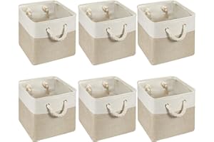 Geiserailie 6 Pcs 11 x 11 Inch Cube Storage Bins Fabric Storage Organizer Bins Foldable Cube Baskets with Sturdy Carry Handles Wicker Baskets for Home (White,Light Brown)
