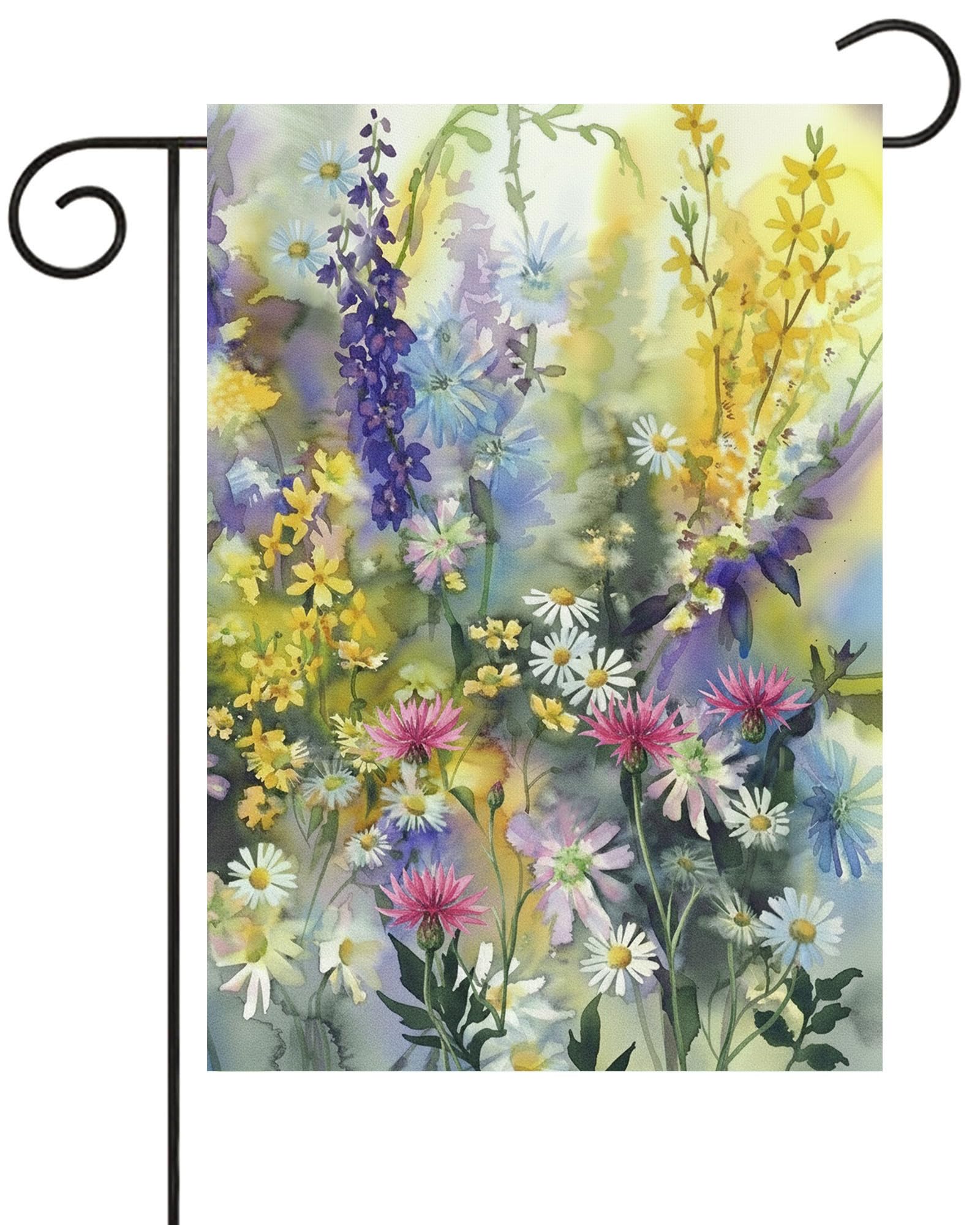 Pickako Retro Watercolor Painting of Summer Spring Colorful Floral Flowers Daisy Garden Yard Flag 12 x 18 Inch, Double Sided Outdoor Decorative Welcome Flags Banners for Home House Lawn Patio
