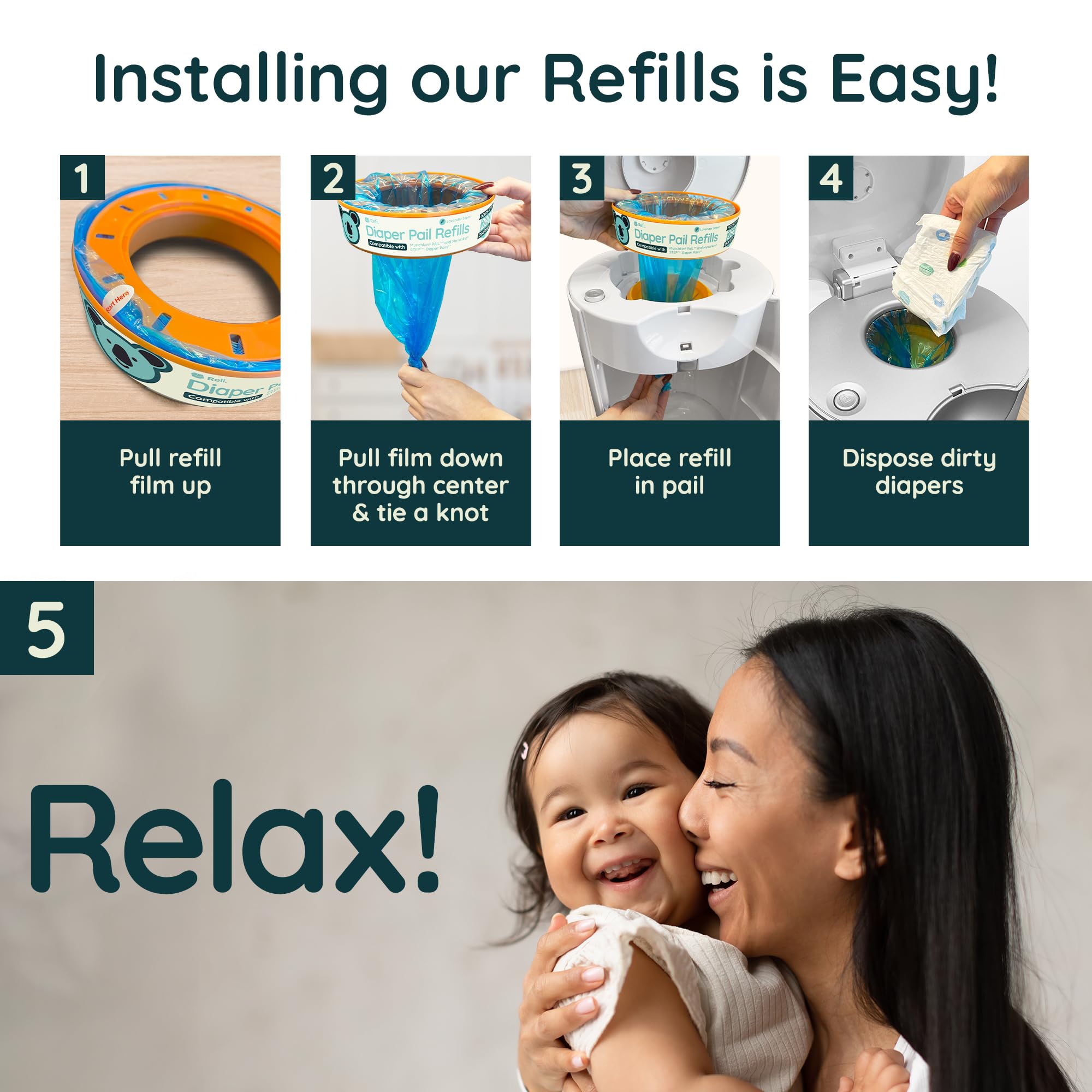 Reli. Diaper Pail Refill Bags, Compatible with Munchkin Step, Pail (6 Pack) | Pail Refills w/Lavender Scent | Odor Blocking, Strong, Easy Replacement | Holds up to 1,680 Diapers