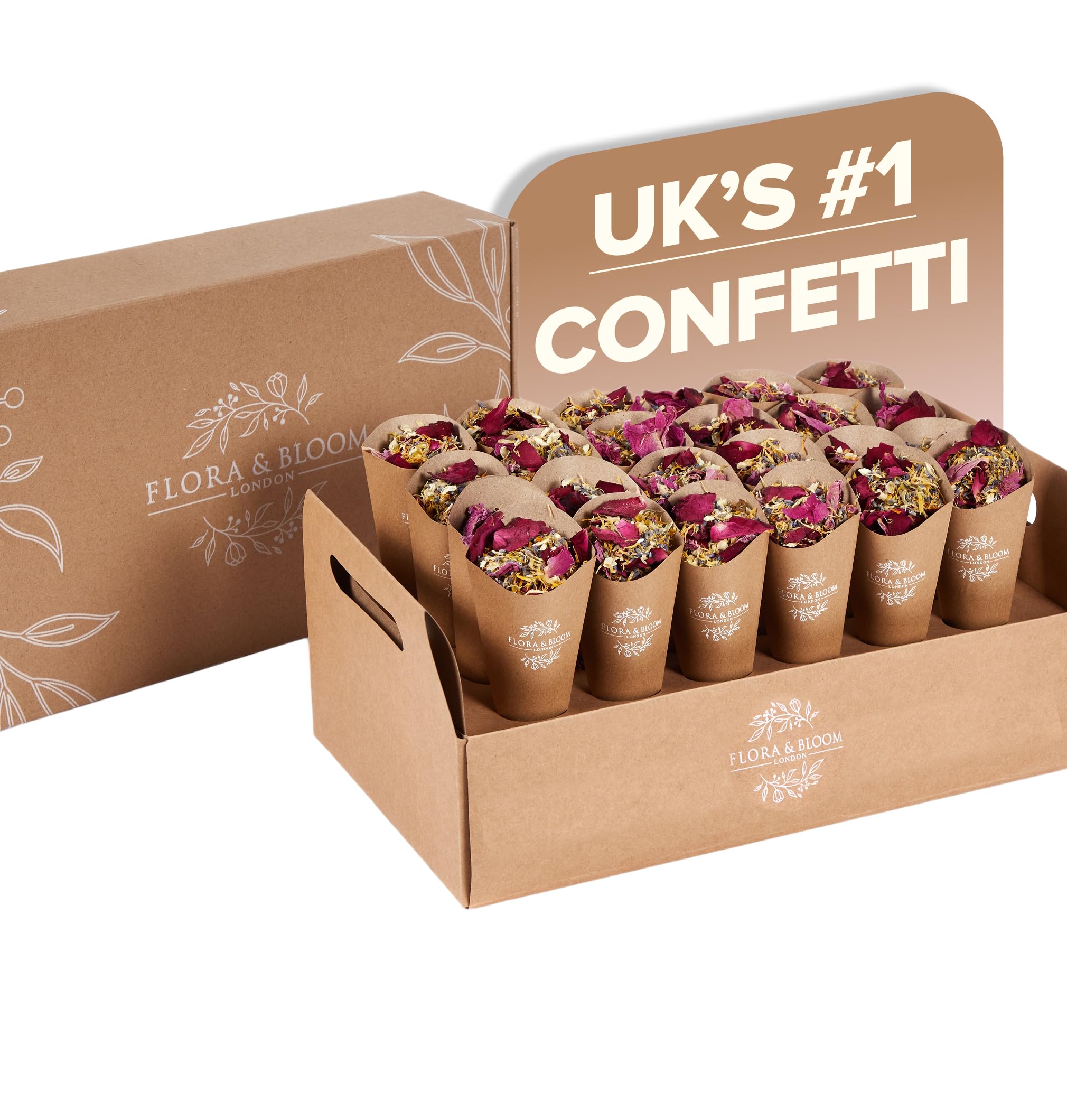 Flora & Bloom Biodegradable Confetti With Pre Built Cones | Dried Flowers (3 Litres) | Wedding Confetti Kit | Pop Open Cones & Tray |Jasmine, Lavender & Rose Petals | Wedding Decorations (24 Guests)