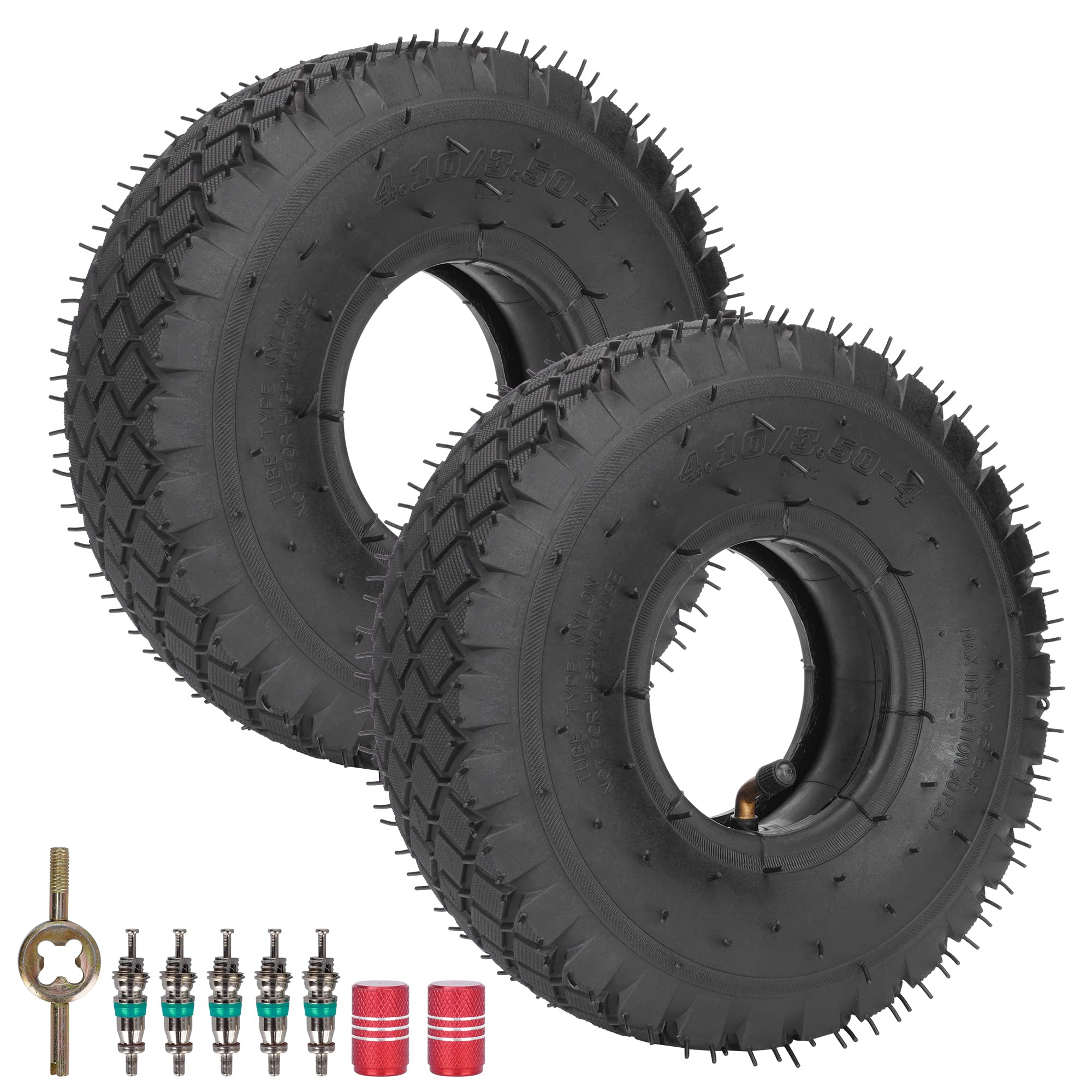 Photo 1 of **PARTIAL SET** RUTU 2 Pack 4.10/3.50-4 Replacement Tire+Inner Tube with Bent Valve Stem for Lawn Mower Hand Truck Wheelbarrow Trailers Dollies Wagon Snowblower Compressor Generator Chipper All Purpose Utility
