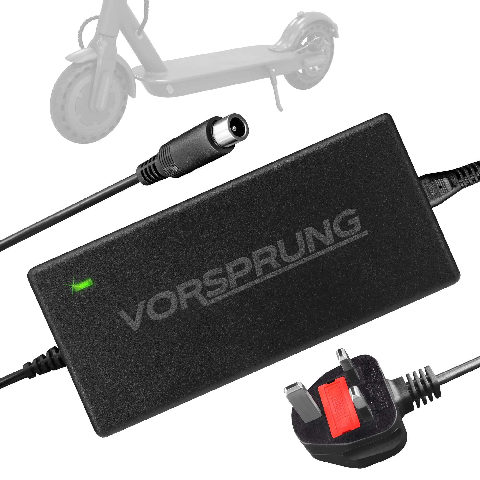 VORSPRUNG® 42V 2A Electric Scooter Charger | Fast Charging with LED Indicator, UK Plug to 1-Pin Connector | Compatible with Xiaomi M365/Pro/1S, Ninebot ES Series, Segway, Aovo, Pure Air