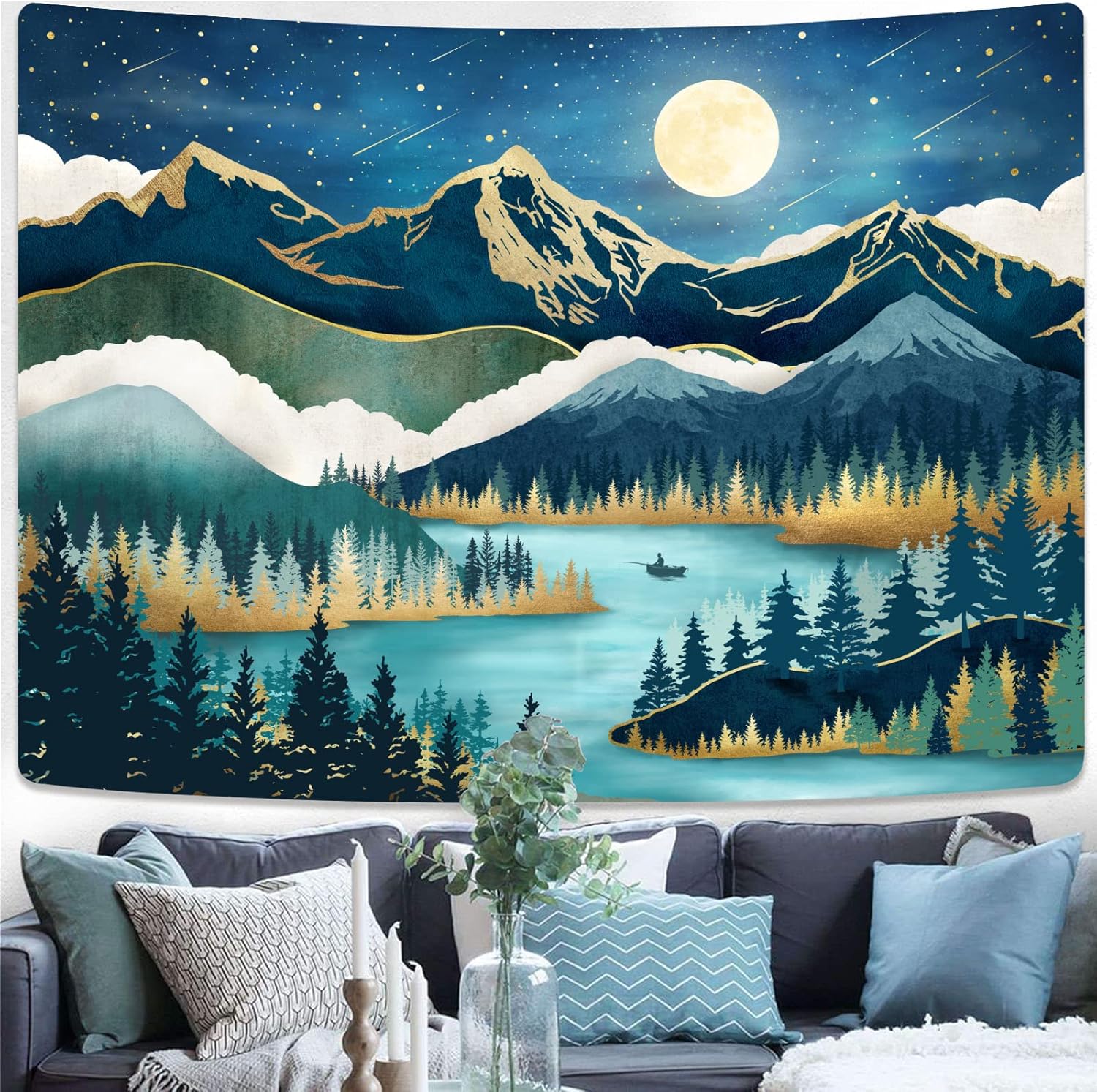 Tapestries - Accnicc Mountain Tapestry Nature Forest Tree Tapestries for Bedroom Aesthetic Starry Night Moon Stars Tapestrys Wall Hanging Teal Abstract Wall Tapestry for Dorm Living Room (Teal, 80'' × 60'')