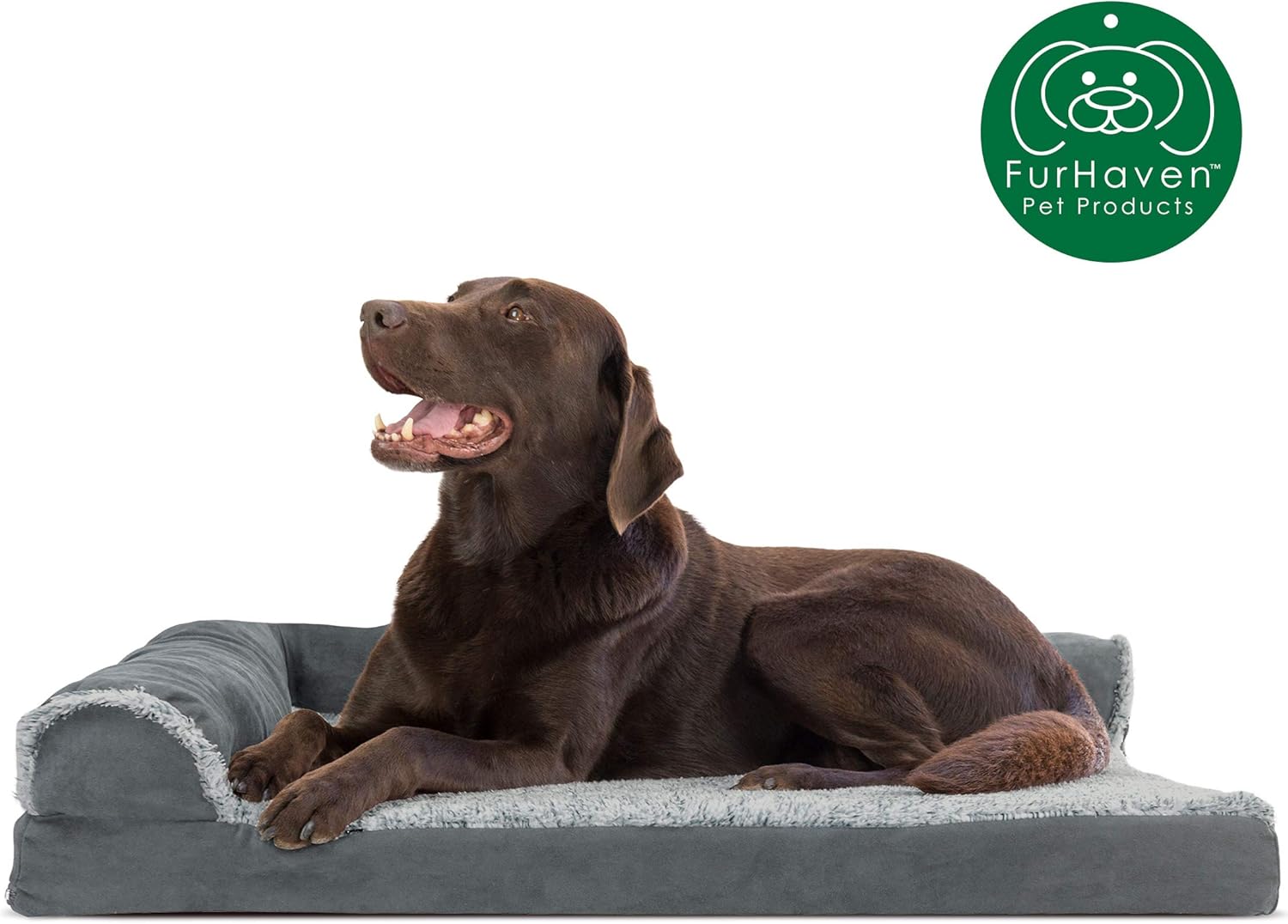 Furhaven Pet Dog Bed - Deluxe Orthopedic Two-Tone Plush and Suede L Shaped Chaise Lounge Living Room Corner Couch Pet Bed with Removable Cover for Dogs and Cats, Stone Gray, Large : Pet Supplies