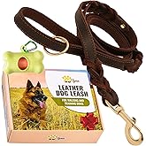 ADITYNA - Double Handle Leather Dog Leash 6ft - Heavy Duty Braided Dog Leash with Traffic Handle - Lead for Training and Walking Medium Large Breeds (Brown, Two Handles 6 Foot x 3/4")