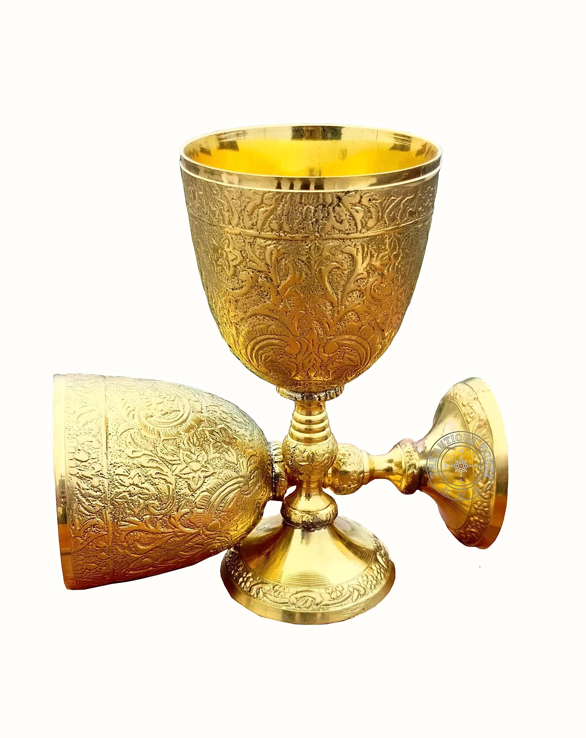 THE ANTIQUE HOUSE Brass Goblet Chalice Glass Vintage Handmade King's Royal Fantasy Embossed Glass Cup 1 Pcs Wedding & Gothic 7 Oz 6-inch