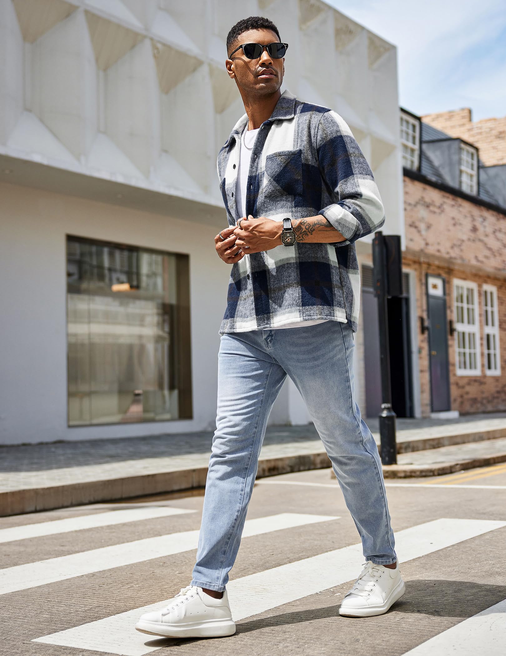 COOFANDY Men's Flannel Shirts Casual Button Down Plaid Shirt Jacket Long Sleeve Fleece Shacket with Pockets