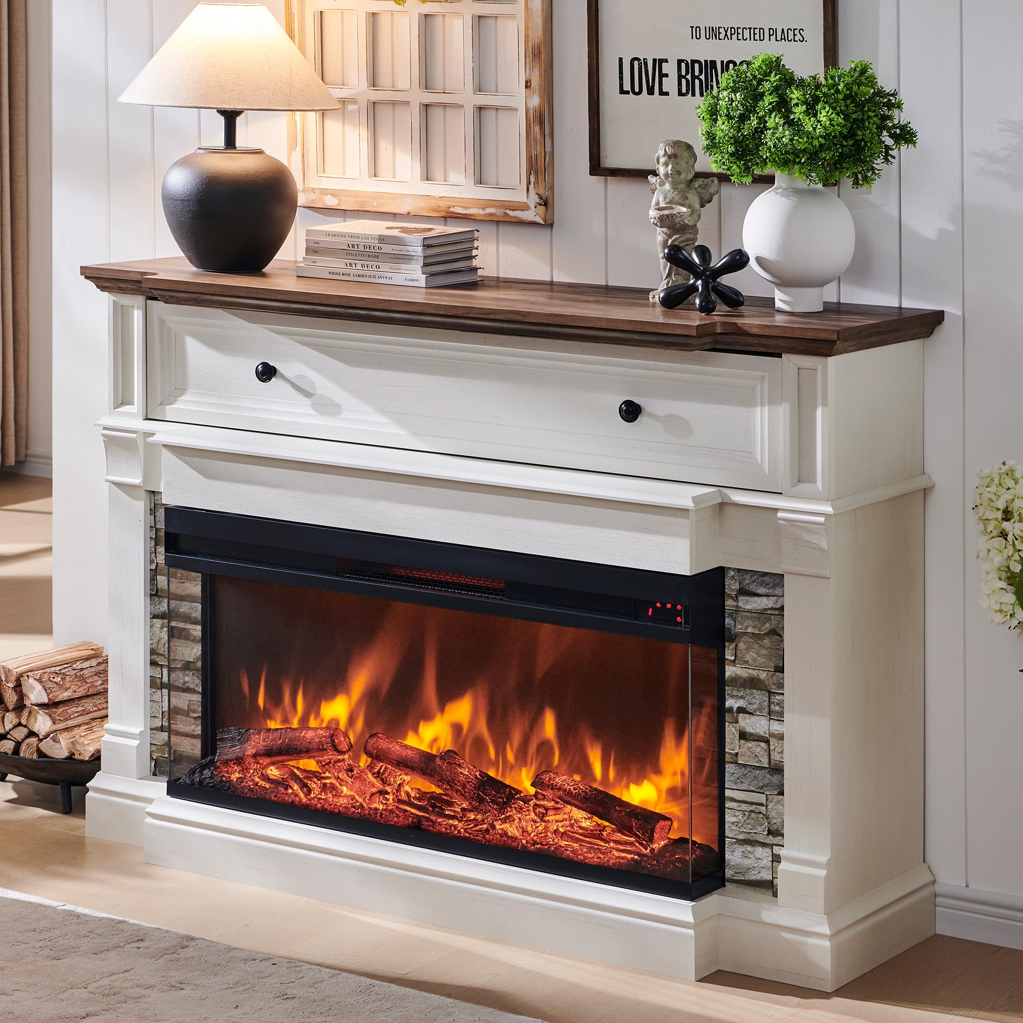 Photo 1 of ****FACTORY SEALED***OKD 52" Electric Fireplace with Mantel, Freestanding Fireplace Heater TV Stand with 36" 3-Side Glass Insert for TVs Up to 65" with Storage Cabinet for Living Room, Antique White
