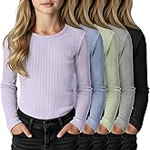 LessonZoo 5 Pack Girls' Cotton Long Sleeve Shirts Ribbed Knit Crew Neck Soft Tops Slim Fit Casual T Shirts 5-14 Years