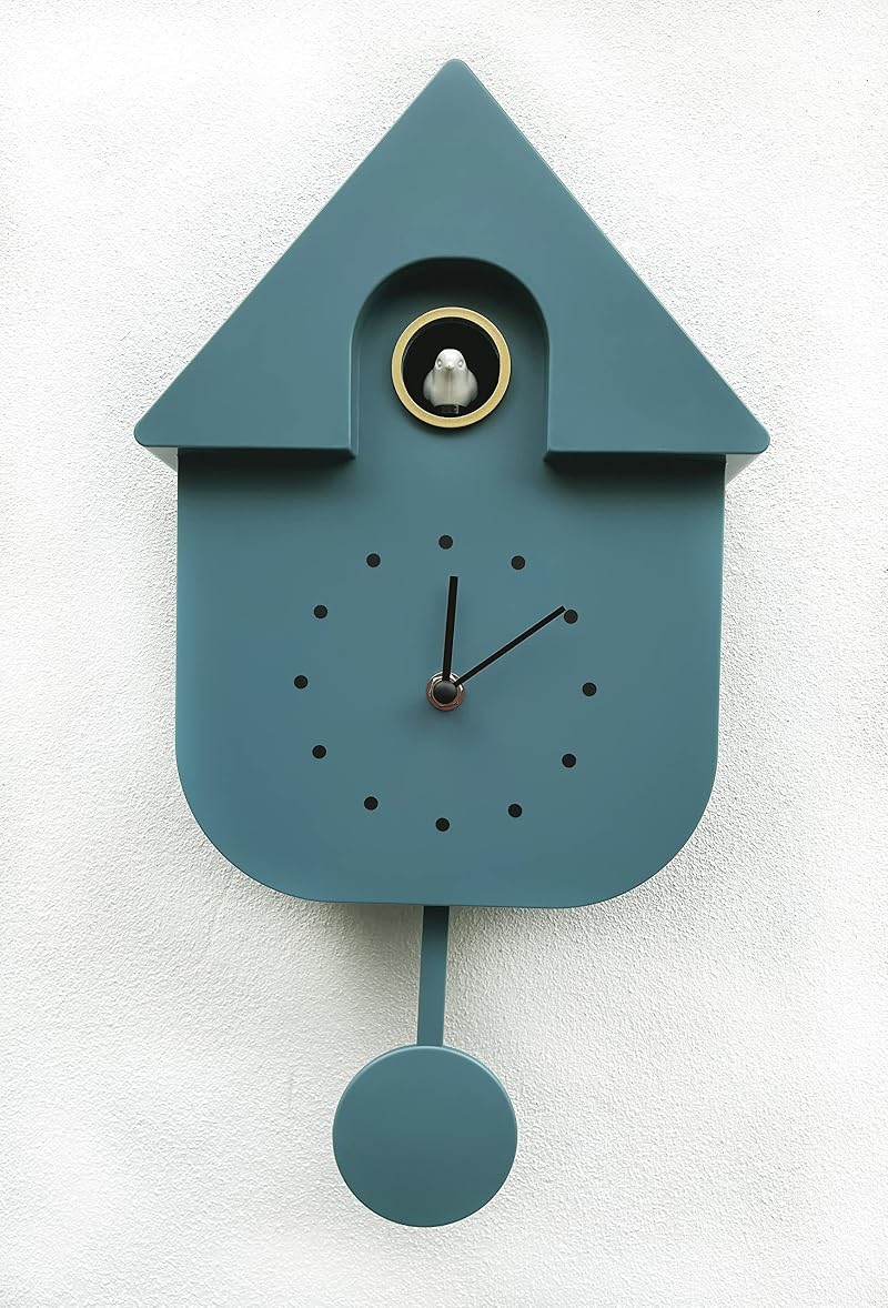 SPRING LIFE Cuckoo Clock Wall Chalet Modern Bird Tweeting Chime Grey Blue