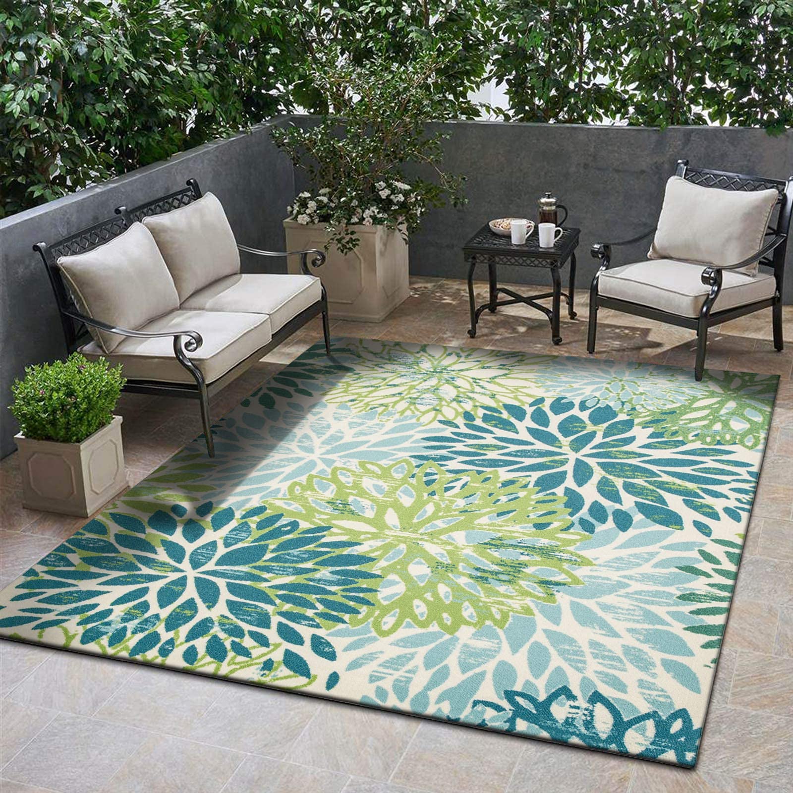 DECOMALL Outdoor Rugs for Patio Deck Porch Balcony Backyard, Green Blue ...