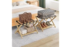 Smuxee Fully Assembled Luggage Rack Pack of 2, Upgraded Bamboo Foldable Suitcase Stand with 5 Nylon Straps, Luggage Holder with Shelf for Guest Room Bedroom Hotel (Nature Luggage Rack 2pcs)