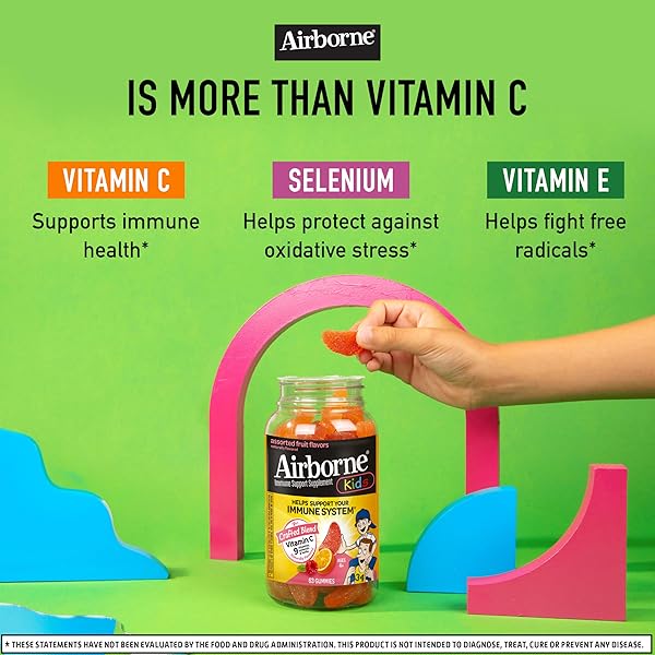 AIRBORNE KIDS 500MG VITAMIN C GUMMIES, KIDS IMMUNE SUPPORT ZINC GUMMIES WITH POWERFUL ANTIOXIDANTS VIT C & E – 63 , ASSORTED FRUIT FLAVOR