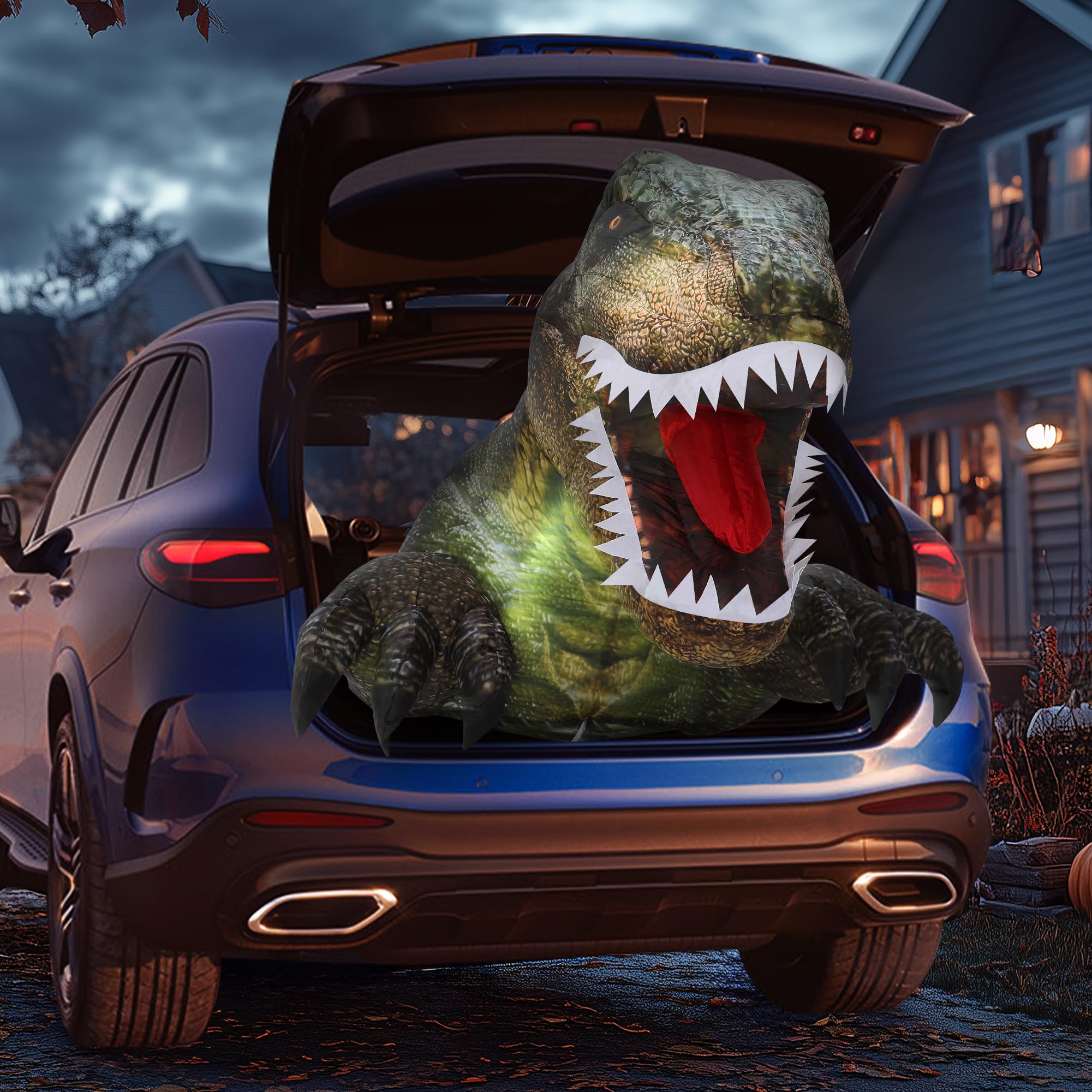 Photo 1 of ZPISF 3.6 FT Halloween Inflatables Outdoor Decorations, Trunk or Treat Car Decorations, Blow Ups Animated Dinosaur with LEDs for Halloween Decor