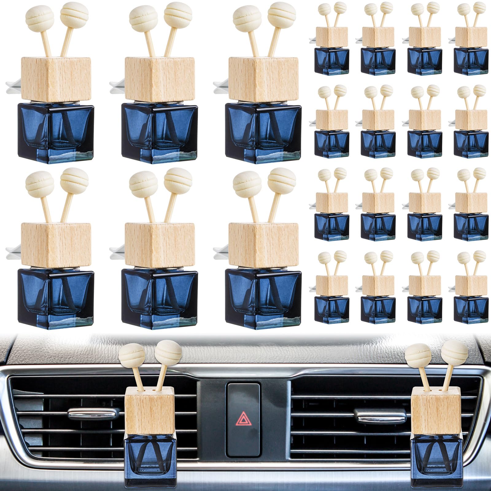 Photo 1 of Zubebe 60 Pcs Glass Car Air Freshener Vent Clip Empty Essential Oil Diffuser Bottle Auto Glass Perfume Diffuser with Vent Clip Wooden Cap and Stick for Car Fragrance Ornament (Black)