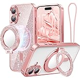 Meifigno Designed for iPhone 17 Case with Ring Stand (6.3"), [Built-in Mirror] [Compatible with MagSafe] [Glitter Card & Wrist Strap] Removable Phone Stand +Designed for iPhone 17 Case, Rose Gold