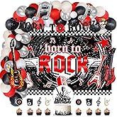 95 PCs Rock and Roll Party Decorations, Hombae Rock Music Themed Birthday Party Supplies Born to Rock Backdrop Balloon Garland Glitter Banner Cake Cupcake Topper Guitar Rock Star Black Red Silver
