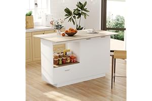 ECACAD 59.1" L Kitchen Island with Lots Storage & Foldable Brown Counter Top, Wood Kitchen Prep Table Stationery Storage Cabinet with Drawers, Shelves & Doors for Dining Room, Brown & White