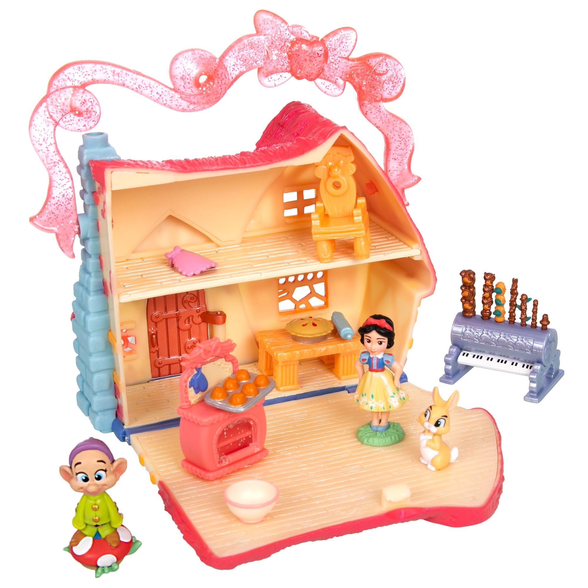 Disney Store Official Snow White Doll House, 10cm / 4" Once Upon a Story Playset Includes Fairytale Cottage, Dopey, Bunny Rabbit and Kitchen Toys, Suitable for Age 3+
