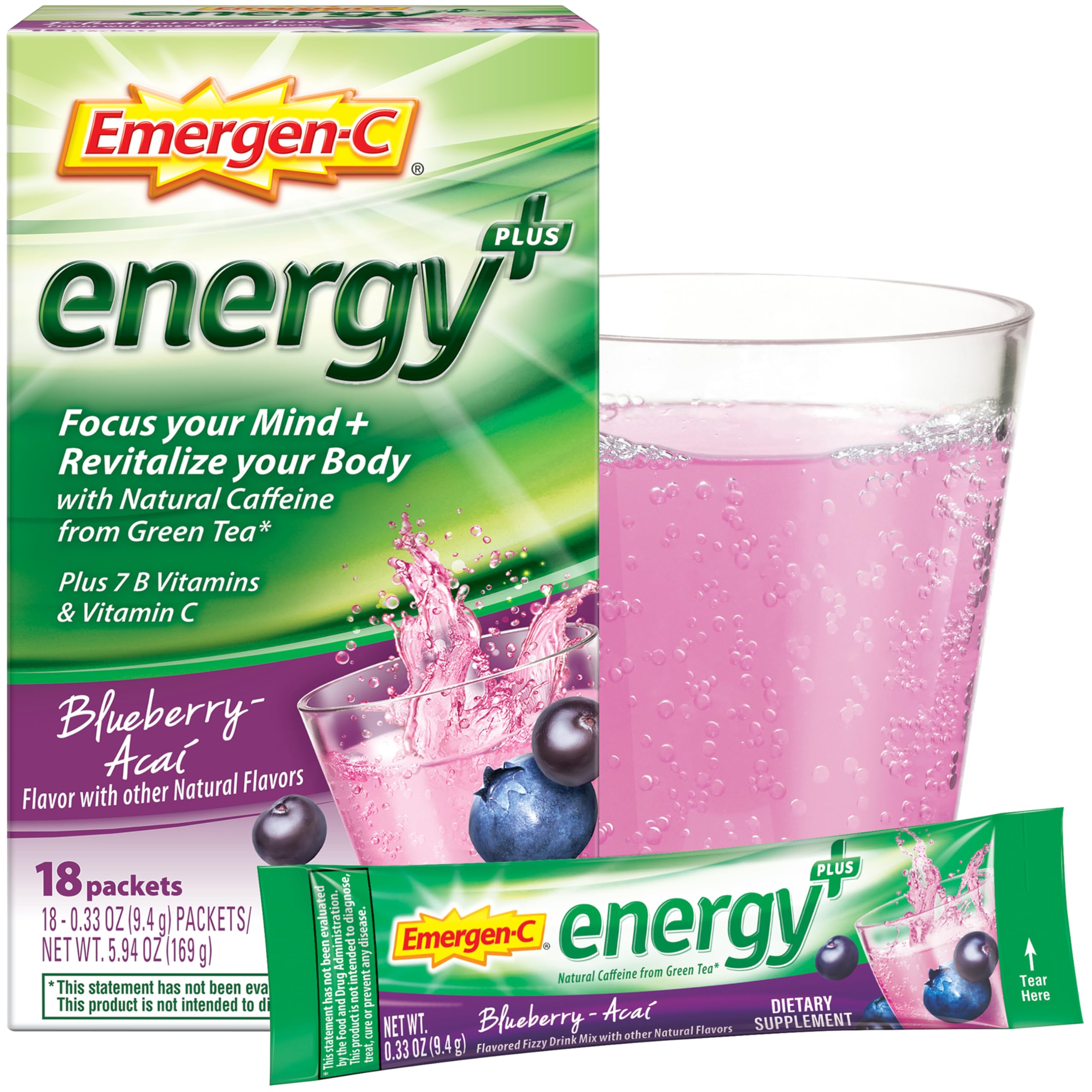 Emergen-C Energy+, With B Vitamins, Vitamin C And Natural Caffeine From Green Tea(Blueberry Acai Flavor) Dietary Supplement Drink Mix, 0.33 Ounce Powder Packets(Pack of 18)