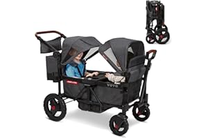 Radio Flyer Voya Baby Stroller Wagon for Ages 6+ Months, Lightweight Durable Design, 5-Point Safety Harness, Comfort Seats, Rear Storage Bag, Peek-A-Boo Canopies, Easy 5-Second Compact Fold