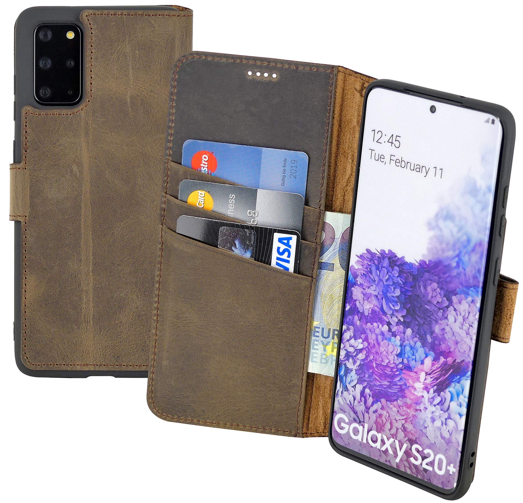 Suncase Book-Style Case Compatible with Samsung Galaxy S20 Plus Leather Case (Slim Fit) Leather Mobile Phone Case Protective Case with 3 Card Slots in Antique Brown