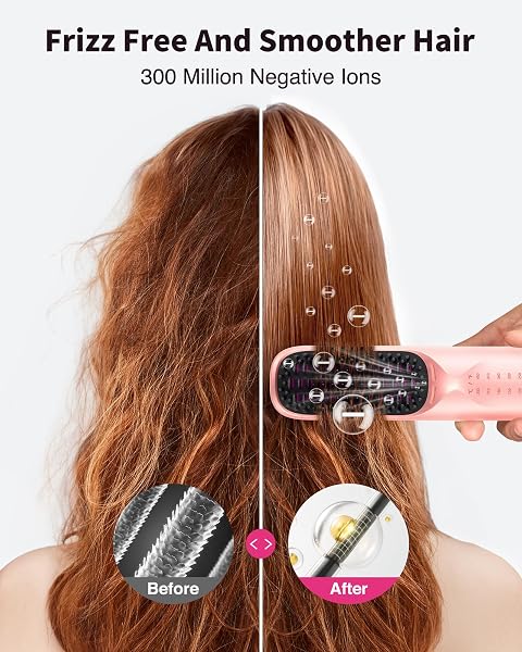 CORDLESS HAIR STRAIGHTENER BRUSH – PORTABLE HAIR STRAIGHTENING BRUSH FOR TRAVEL – 300M NEGATIVE IONS FOR FRIZZ-FREE SHINE, TOUCH UP ON-THE-GO, FAST HEATING, GIFT FOR WOMEN, 10,000MAH, POWDER PINK