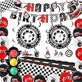 26Pcs Cars Birthday Decorations - Tire, Helmet & Traffic Light Balloons Set with Banner, Tablecloth, Hanging Swirls | Kids Racing-Themed Birthday Supplies