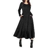 ANRABESS Womens Long Sleeve Midi Dress Spring Rib Knit Crew Neck A Line Soft Flowy Swing Dresses with Pocket Casual Trendy