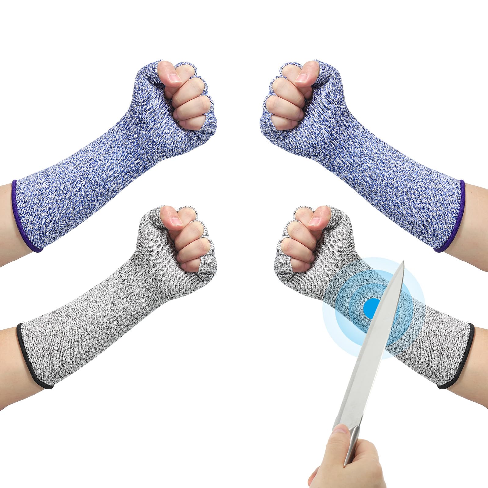PATIKIL 12 Inch Cut Resistant Sleeves with Finger Grips, 2 Pair Forearm Protective Sleeves Level 5 Protection Arm Safety Protectors Sleeves for Thin Skin and Bruising, Blue/Gray