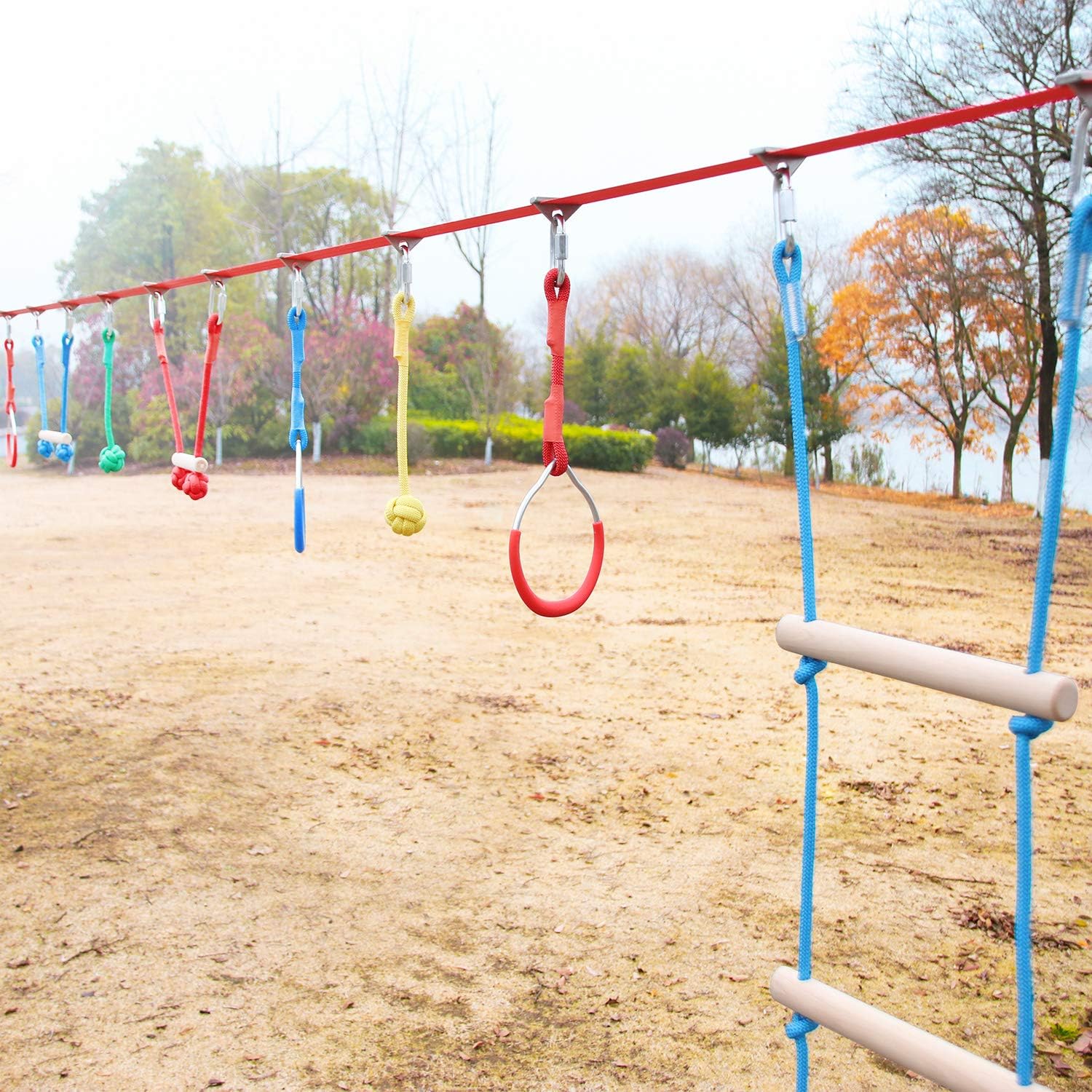 Perantlb Portable Ninja Slackline Monkey Bar & Ladder Intro Kit – 40’Kids Gym Swinging Obstacle Course Set, Training Obstacle Course Equipment, Slackline Gymnastic Bar, Tree Protector & Carry Bag: Toys & Games
