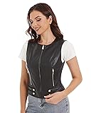 DIASHINY Black Faux Leather Vest For Women Crew