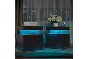 Cozy Castle Black LED Nightstand Set of 2, Small Bedside Table with LED Lights and Charging Station, End Table with Door for Bedroom