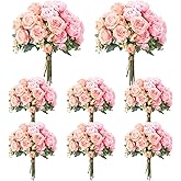 Geosar 8 Bundles Artificial Peonies Flowers Fake Silk Peony Bouquet Faux Peonies Flowers Bulk for Decoration Vase Floral Arrangements Wedding Party Table (Peach Pink,Light Pink)