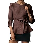 Yeokou Womens Ribbed Belted Sweater 3/4 Sleeve Crew Neck Pullover Tunic Top Winter Spring Casual Loose Fit Knitwear