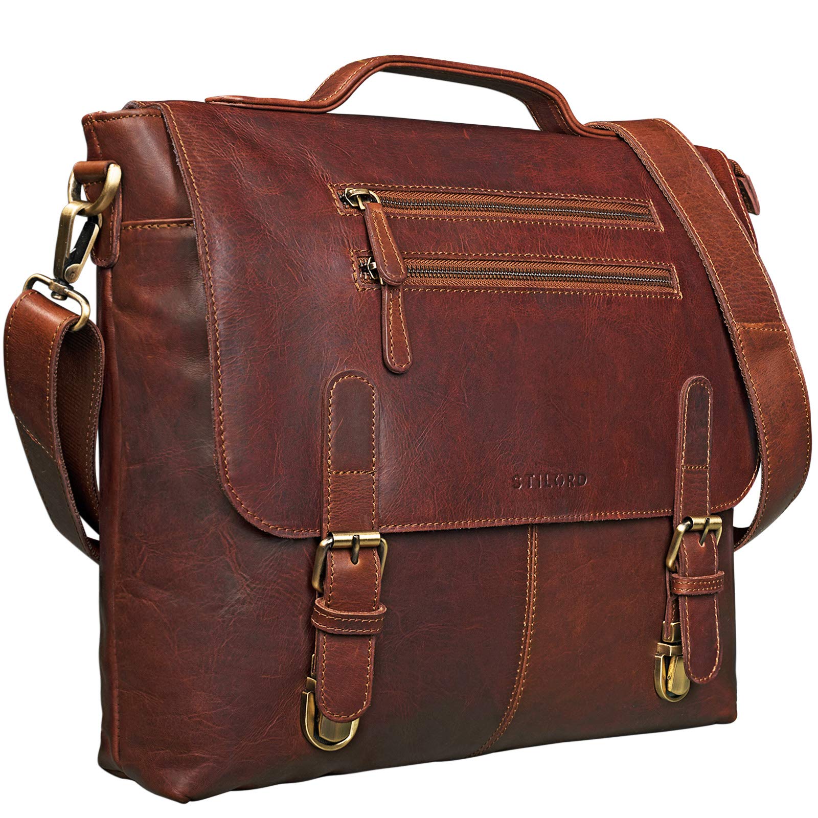 STILORD 'Louis' Elegant Business Bag Leather Women Men for 13.3 inch Laptop Office Bag 2-in-1 Shoulder/Hand Bag Vintage Leather, Colour:Cognac Dark Brown