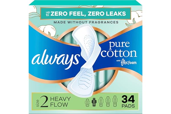 Always Pure Cotton FlexFoam Pads for Women, Size 2, Heavy Pad with Wings, Unscented, 34 Count